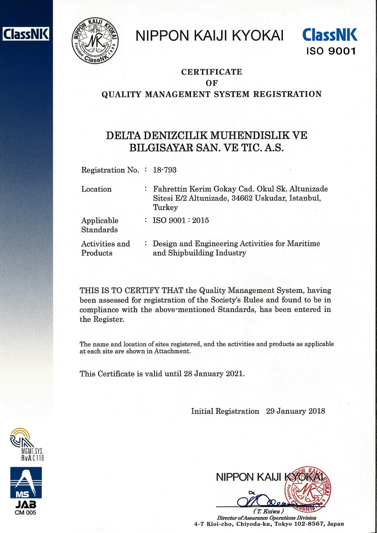 DELTA MARİNE, ISO'NUN EN GÜNCEL KALİTE YÖNETİM SİSTEMİ OLAN ISO 9001: 2015 SERTİFİKASINI ALDI.